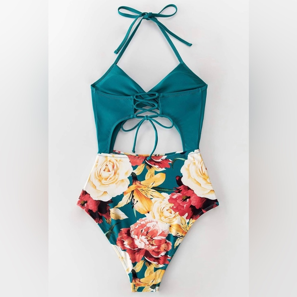 CUPSHE One Piece Swimsuit Twist Cutout Front Crisscross Lace Up Back Sz S - Picture 2 of 5